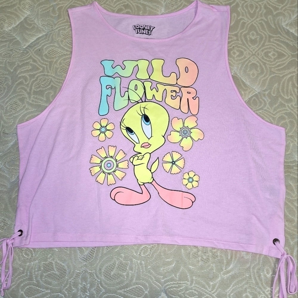 A Looney Tunes Tweety Bird pink 2XL cropped tank top with ties on the side